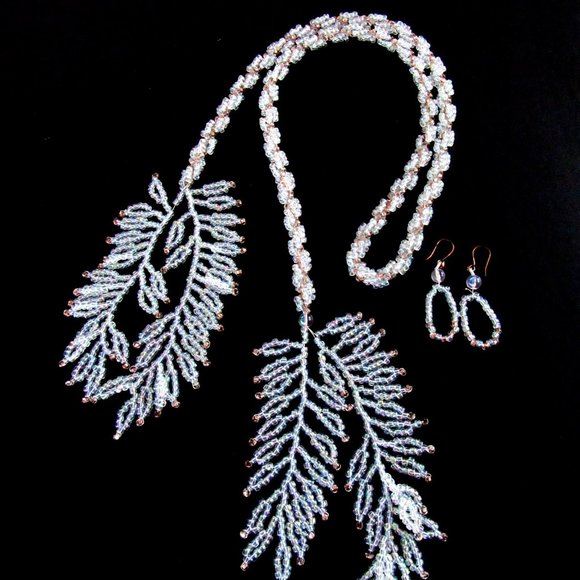 Iridescent white & copper bead lariat necklace & pierced dangling hoop earrings - Picture 7 of 16